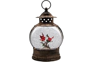 WOWSER Lighted Swirling Water Lantern with Cardinal Design, Freestanding for Shelf, Mantel, Desk, Table, Winter Bird Christmas Décor, Festive Holiday Decoration, 11.5 Inches High