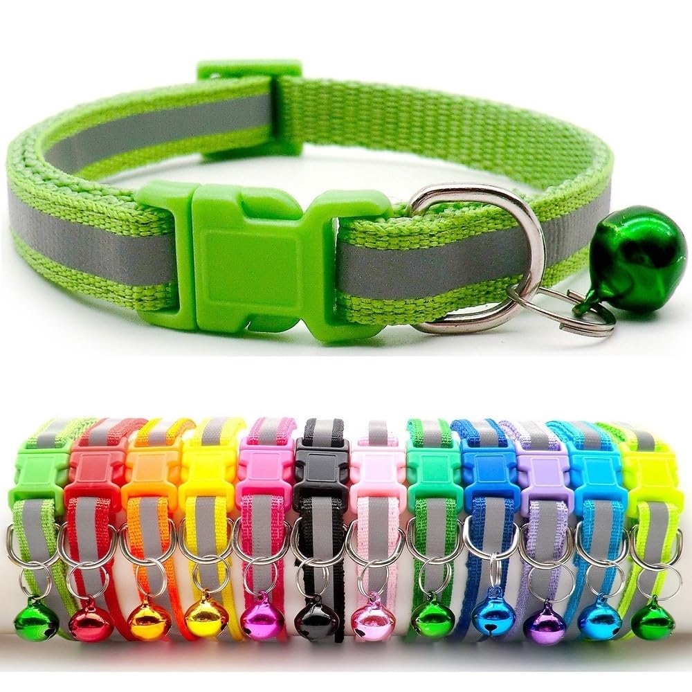 Small Dog Puppy Pet Collar Reflective Hi-Vis Strip with Bell Nylon Adjustable Size 19-32cm Lime Green