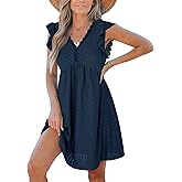 CUPSHE Beach Dress V Neck Cap Flutter Sleeve Lace Hollow Out Pleated Summer Mini Cover Up Dress