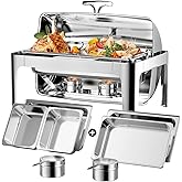 Roll Top Chafing Dishes for Buffet: Rectangular Catering Food Warmer for Parties Birthday Wedding Family Gathering with 1 Full Size & 2 Half-Size Buffet Server Dish& 14QT Water Pan