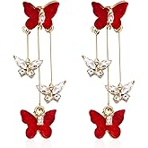 Peasimy Violet Butterfly Tassel Stud Earrings for Women Long Butterfly Crystal Rhinestone Drop Dangle Earrings Wedding Jewelry Gifts