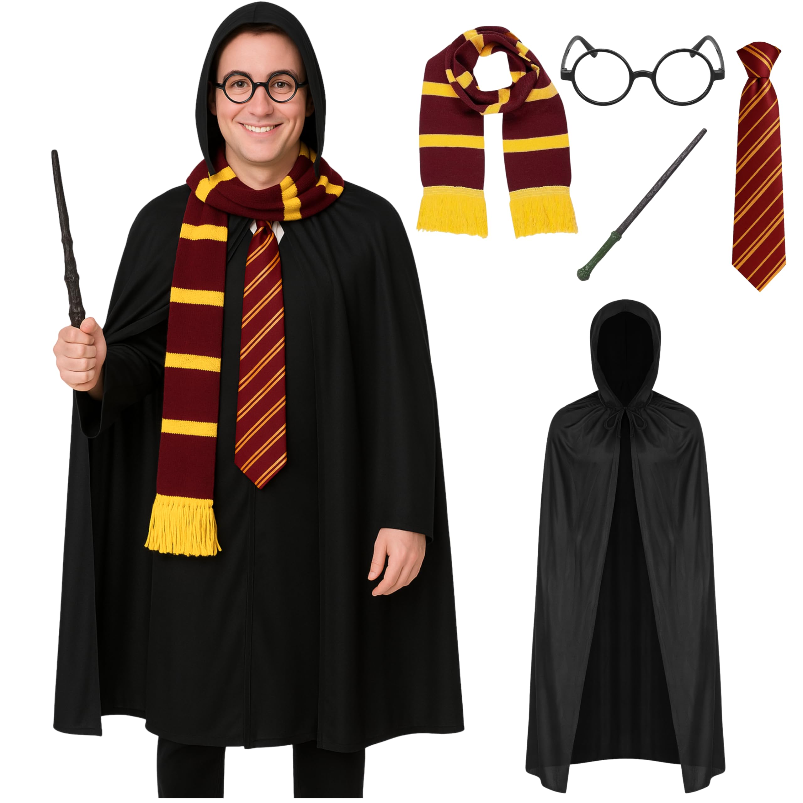5pc Adult Wizard Costume - Wizard Accessories With Black Hooded Cape, Red and Yellow Scarf, Magic Wand, Red and Yellow Tie, Black Glasses Fancy Dress for World Book Day or Halloween Costumes for Men
