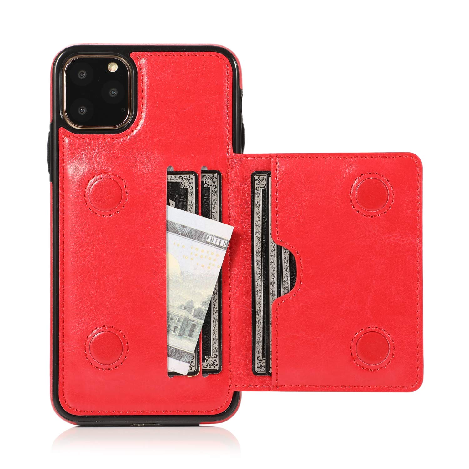 EYZUTAK Card Slot Holder Wallet Case for iPhone 11 Pro 5.8 inch 2019, Premium PU Leather Case Kickstand with Hidden Magnetic Closure Flip Durable Shockproof Protective Cover - Red