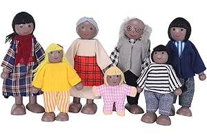 Generic Kids Girls Happy Dolls Family Playset Wooden Figures Set of 7 African Educational Toy for Children Imaginative Play (