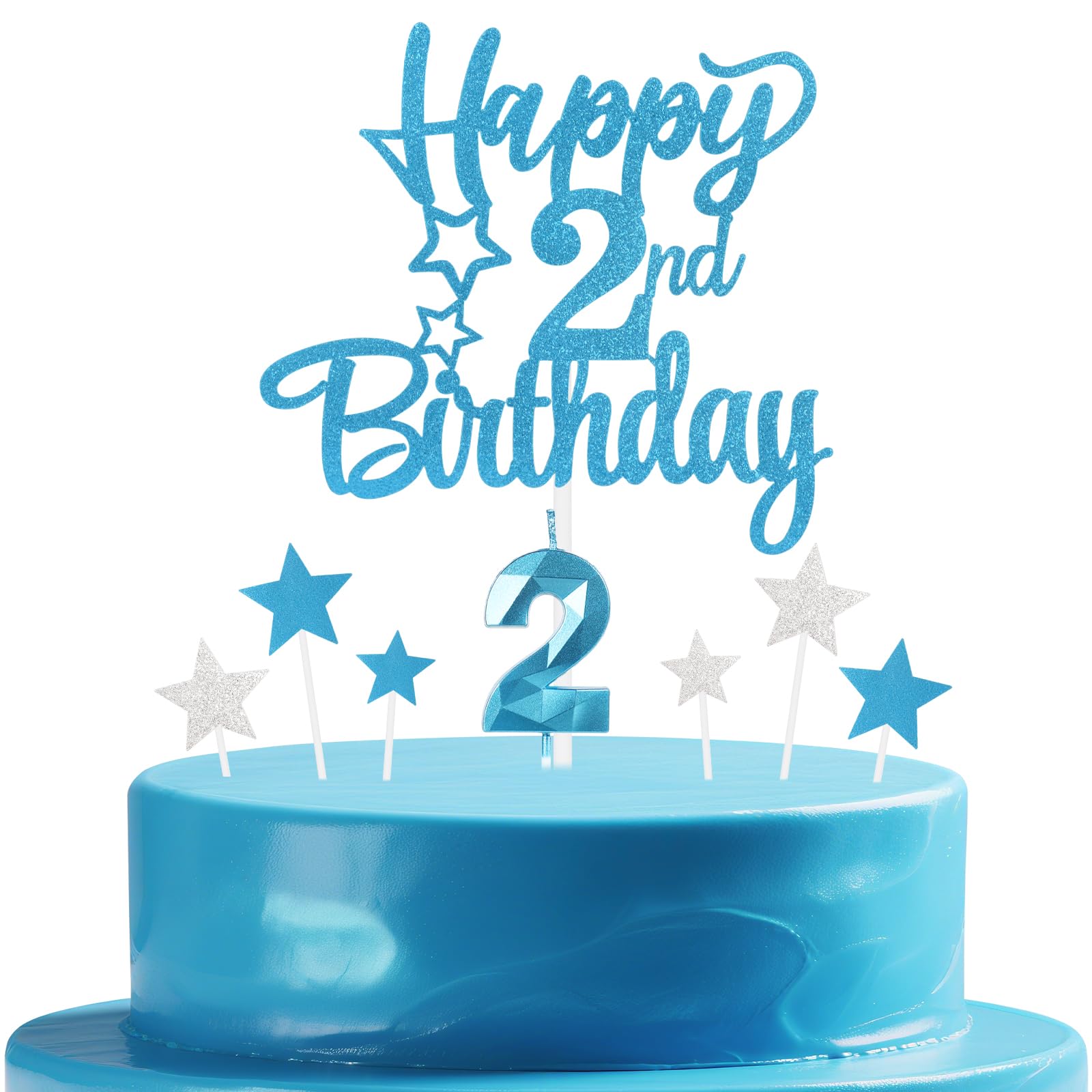mciskin Blue 2nd Birthday Candles Cake Toppers Set,3D Number 2 Candle for Cake,Light Blue Candles Silver Star Toppers for Girls Boys 2nd Birthday Decorations Party Supplies