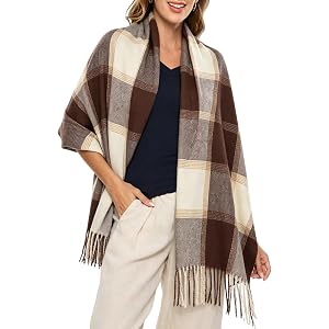 Women's Fall Winter Scarf Chunky Plaid Blanket Large Shawl Wrap with Fringe