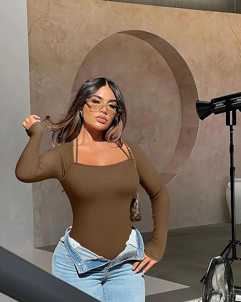 OQQ WOMEN’S 2 PIECE SEXY RIBBED ONE LONG SLEEVE TOP BODYSUIT, BLACK,COFFEE, MEDIUM