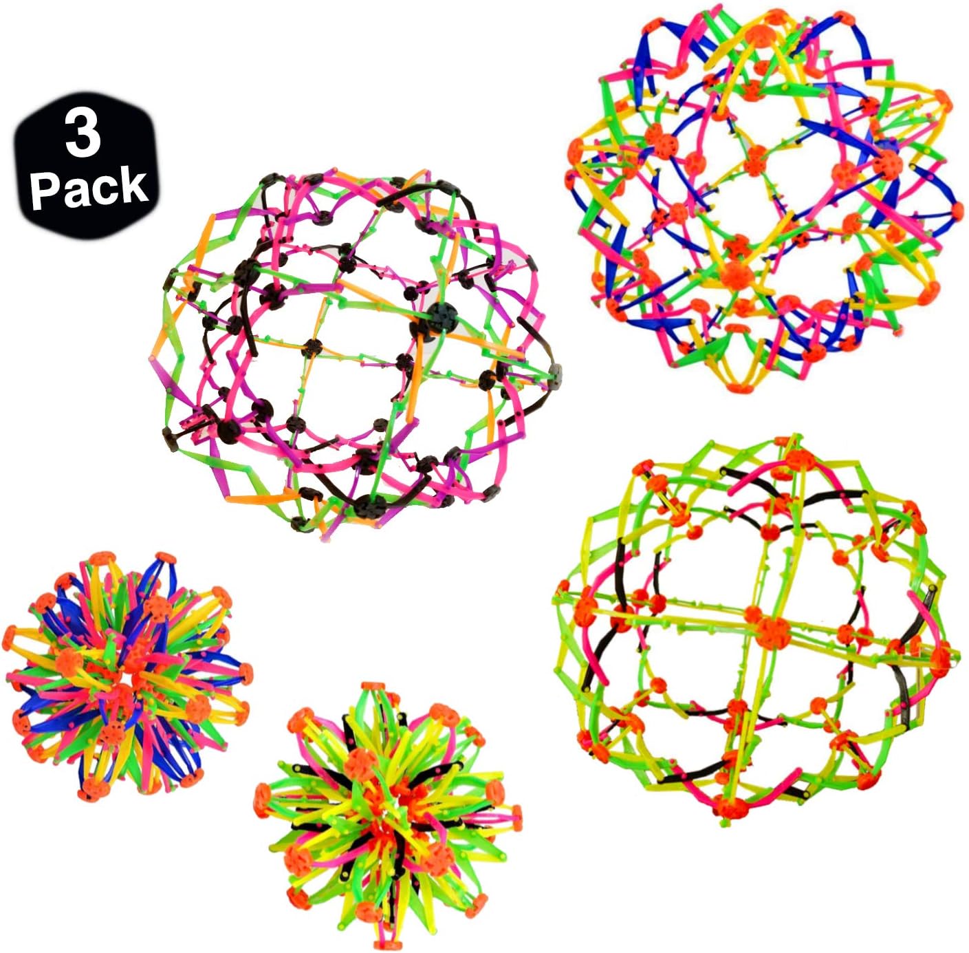 Pro Image Multicolor Expandable Balls for Kids, Fidget Sphere Toy (Set of 3) | Fun Rainbow Multi Color Flower Balls for Playing Catch | Assorted Colors