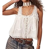 AJELIFHL Women Boho Button Down Lace Trim Crop Tank Top Sleeveless Scoop Neck Pleated Solid Flowy Tie Front Cami Shirt