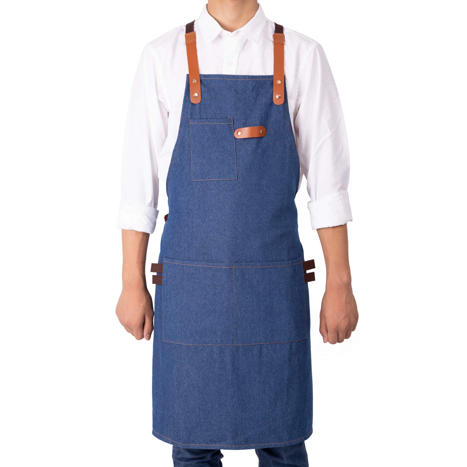 NEOVIVA Stylish Shop Apron for Women Men with Multi-Purpose Tool Pockets and Adjustable Cross-Back Straps, Functional Uniform Apron for Everyday Occasion (Parisian Blue)