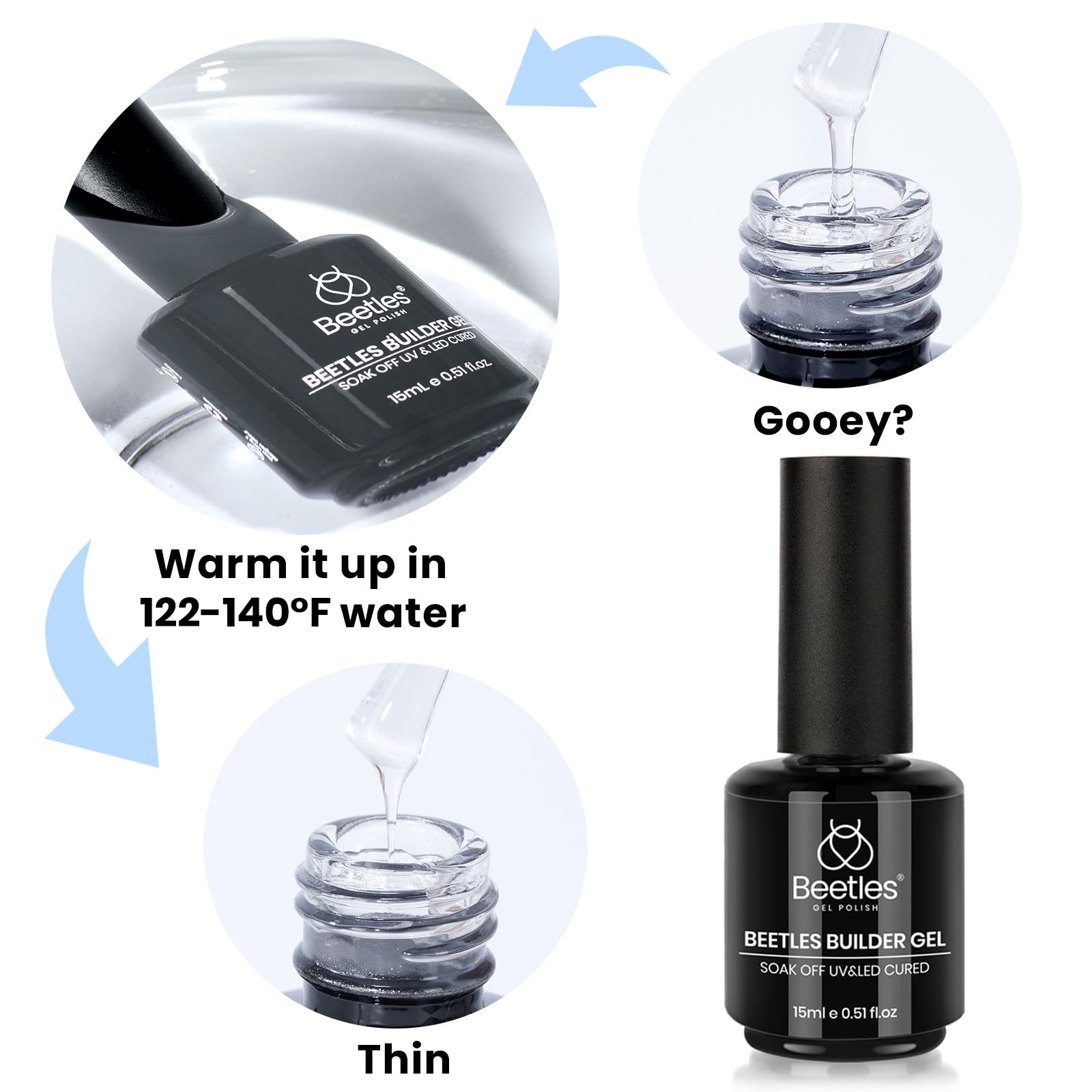 Beetles Builder Gel for Nails,0.51 oz 8 in 1 Clear Builder Strengthener Gel Enhancement Nail Building Nail Apex for Beginners & DIY Fall Halloween Nails Salon Manicure,LED & UV Lamp Needed