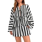 Tankaneo Womens 2 Piece Outfits Tie Front Peplum Tops Shorts Sets Striped Puff Long Sleeve Blouse Y2K Lounge Sets