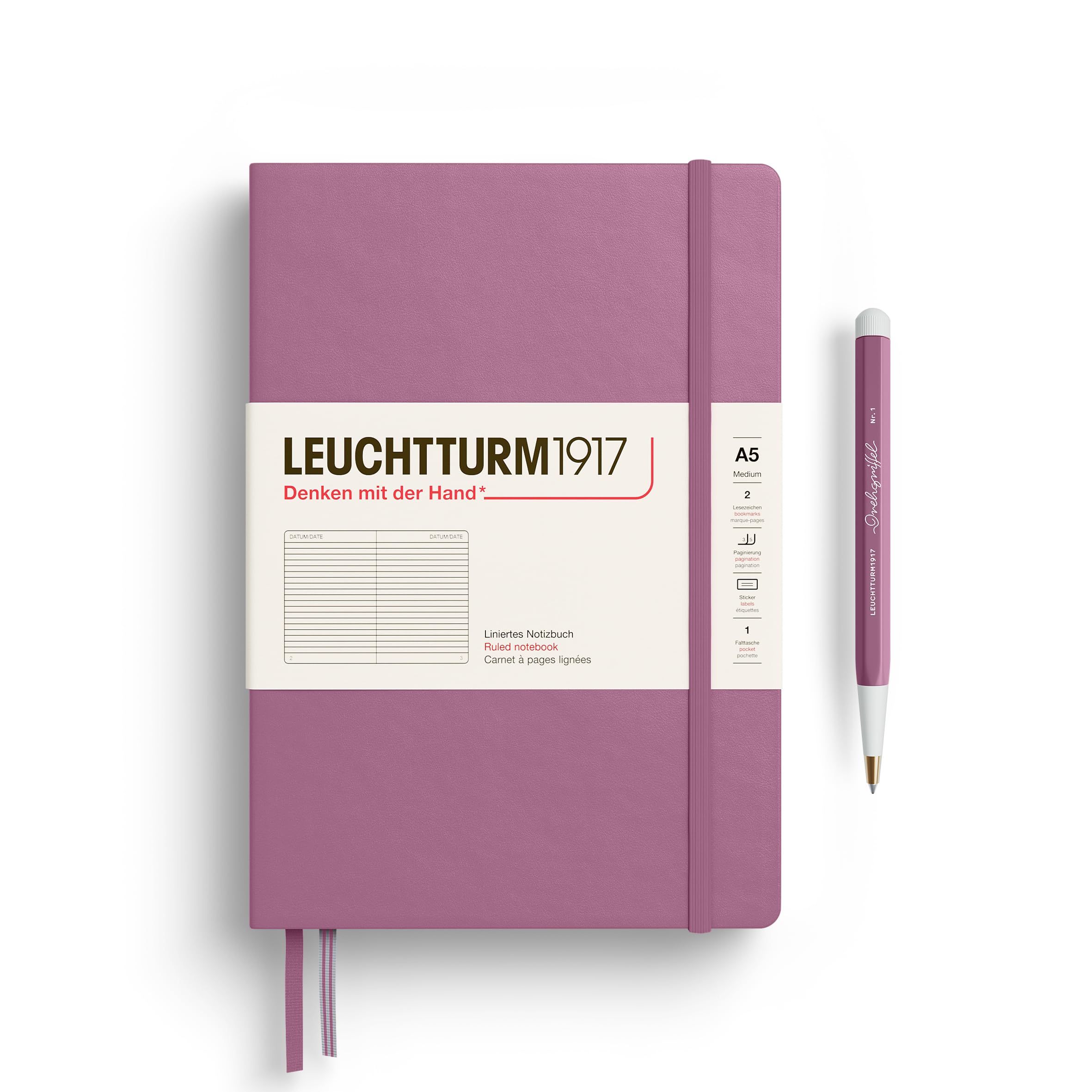 LEUCHTTURM1917 372186 Notebook Medium (A5), Hardcover, 251 Numbered Pages, Dusty Rose, Ruled