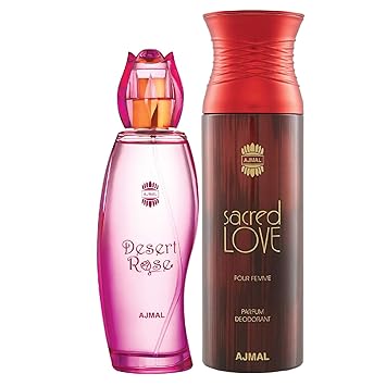 Ajmal Desert Rose EDP Floral Oriental Perfume 100ml for Women and Sacred Love Deodorant Floral Musky Fragrance 200ml for Women+ 2 Parfum Testers FREE