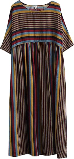 Amazon Co Jp Bestmood ロングワンピース レディース 半袖 ゆったり ワンピース ストライプ柄 マキシ丈 ファッションリネン ワンピース ボヘミアン風 体型カバー マキシワンピース 大きいサイズ 夏 Freesizeコーヒー 服 ファッション小物