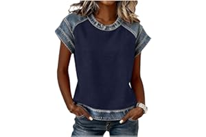 Shirts for Women Denim Patchwork Cute Tops Trendy Short Sleeve Crew Neck Blouses Color Block Summer Casual Tshirts