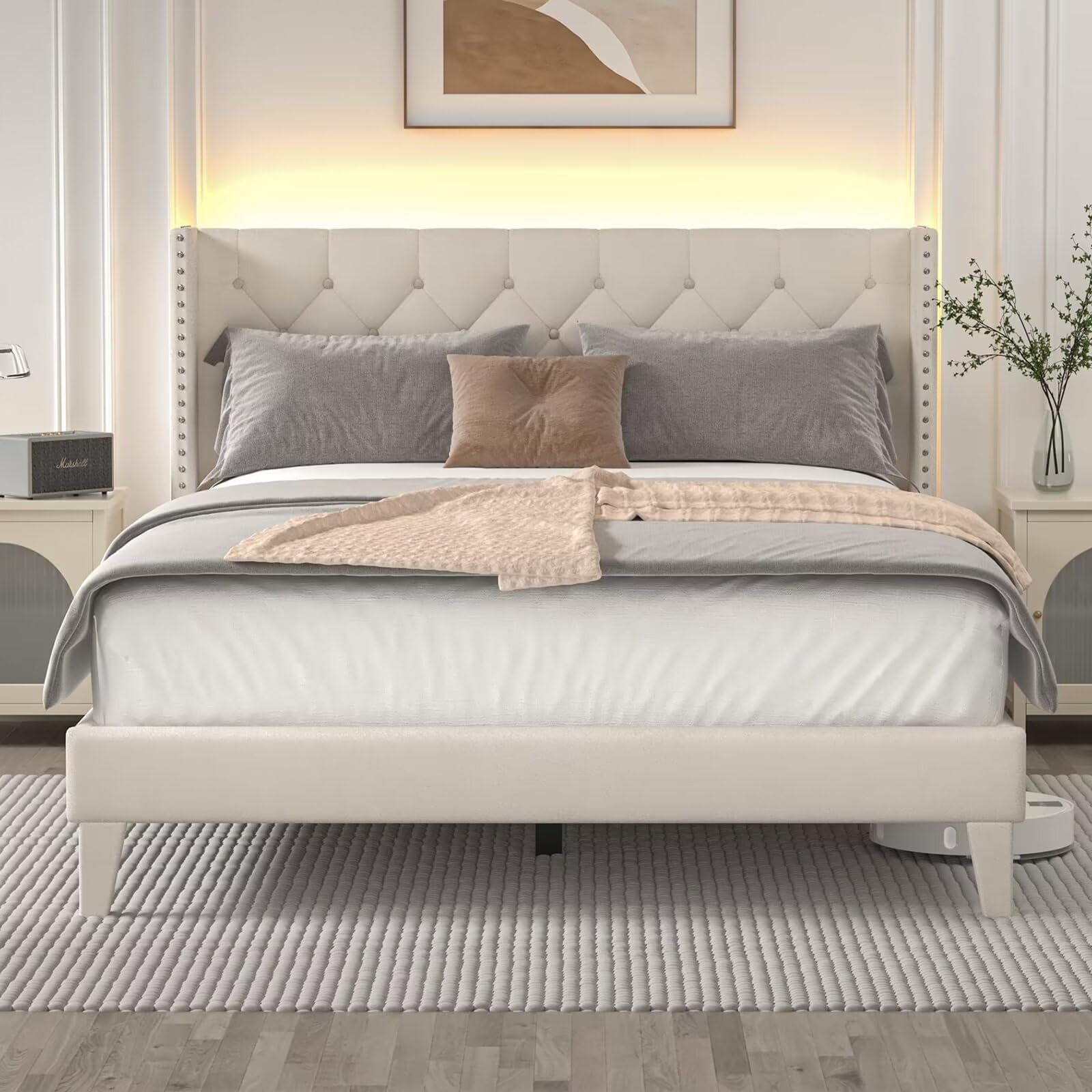 Photo 1 of  Wingback Diamond Tufted Headboard, Wood Slats Support, Noise-Free, Easy Assembly, No Box Spring Needed, Beige