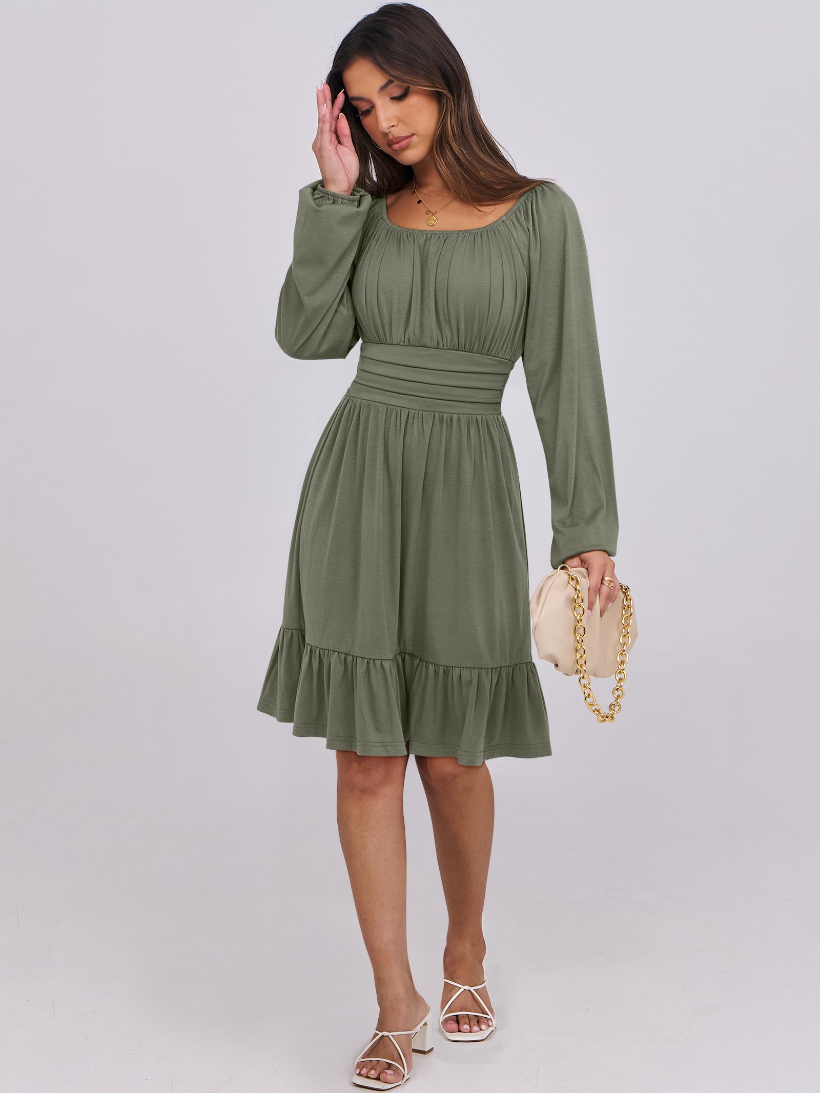 ANRABESS Womens Dress Long Lantern Sleeve Square Neck Elastic Waist Ruffle Flowy Swing A-Line Short Dresses 2025 Fall Fashion Army Green X-Small - Image 6