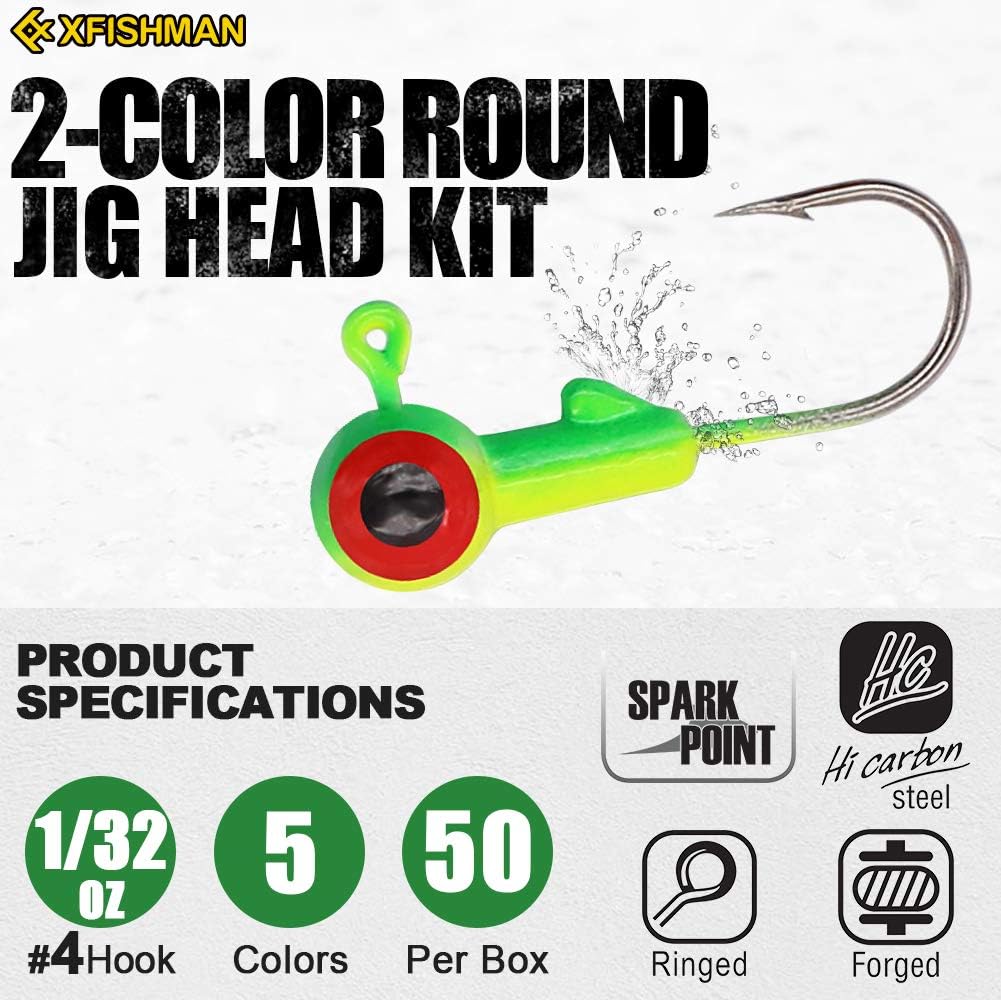 Round-Jig-Heads-for-Fishing-Painted-Jigheads-Walleye-Bass Crappie Fishing Jig Hooks 3/8 oz 1/4 oz 3/16 oz 1/8 oz 1/16 oz Assortment 25-50 Pack (1/32oz -(0.9g)- 50 Pack) : Sports & Outdoors