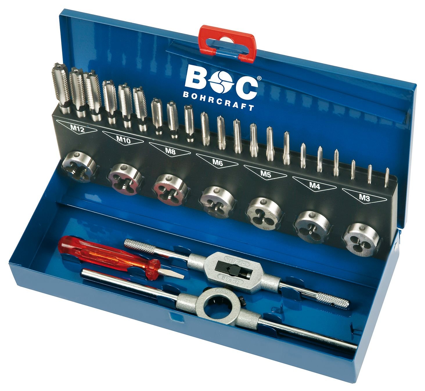 Bohrcraft Tap and Die Set with Die 31-Piece Set M3 – M12 and Accessories in Metal Case 25 x 9/GS 25, Pack of 1, 60001410025