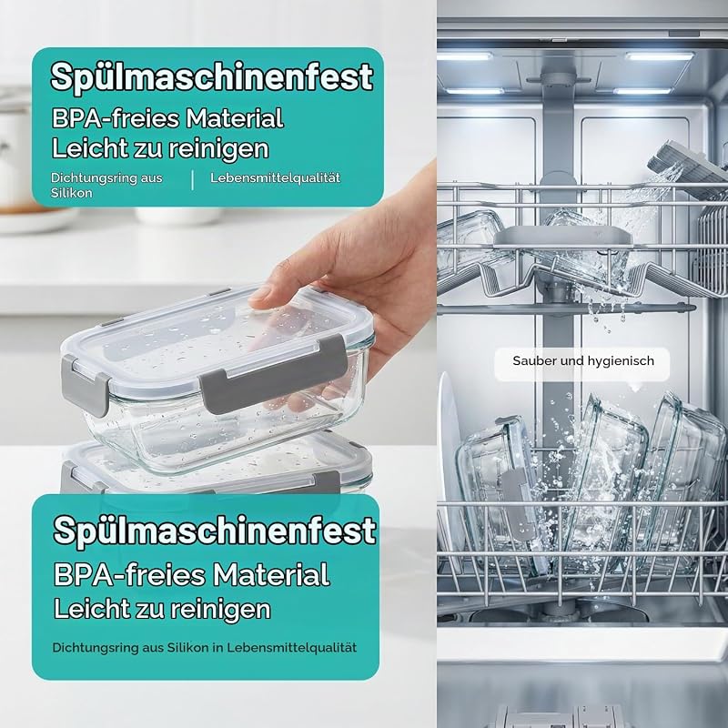 Glasbehälter mit Deckel, 2-teilig Meal Prep Boxen & Frischhaltedosen 2x1040ml aus Borosilikatglas, BPA-frei & luftdicht für Mikrowelle, Gefrierfach & Spülmaschine I Food Storage Container — Foto 6 von 8