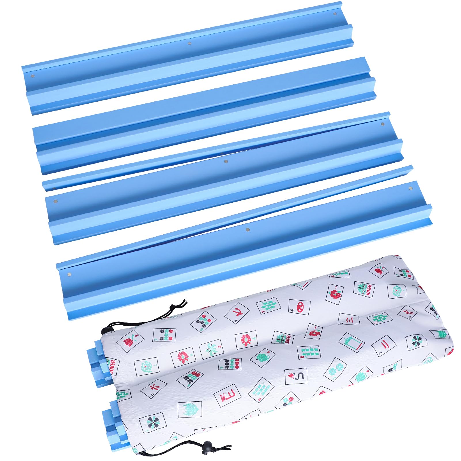 LUMIVIA Mahjong Racks with Pushers, Blue Wooden American Mahjong Tile Pushers and Racks Set of 4, with White Printed Mahjong Racks Drawstring Bag, Mahjong Accessories (19.68 Inches)