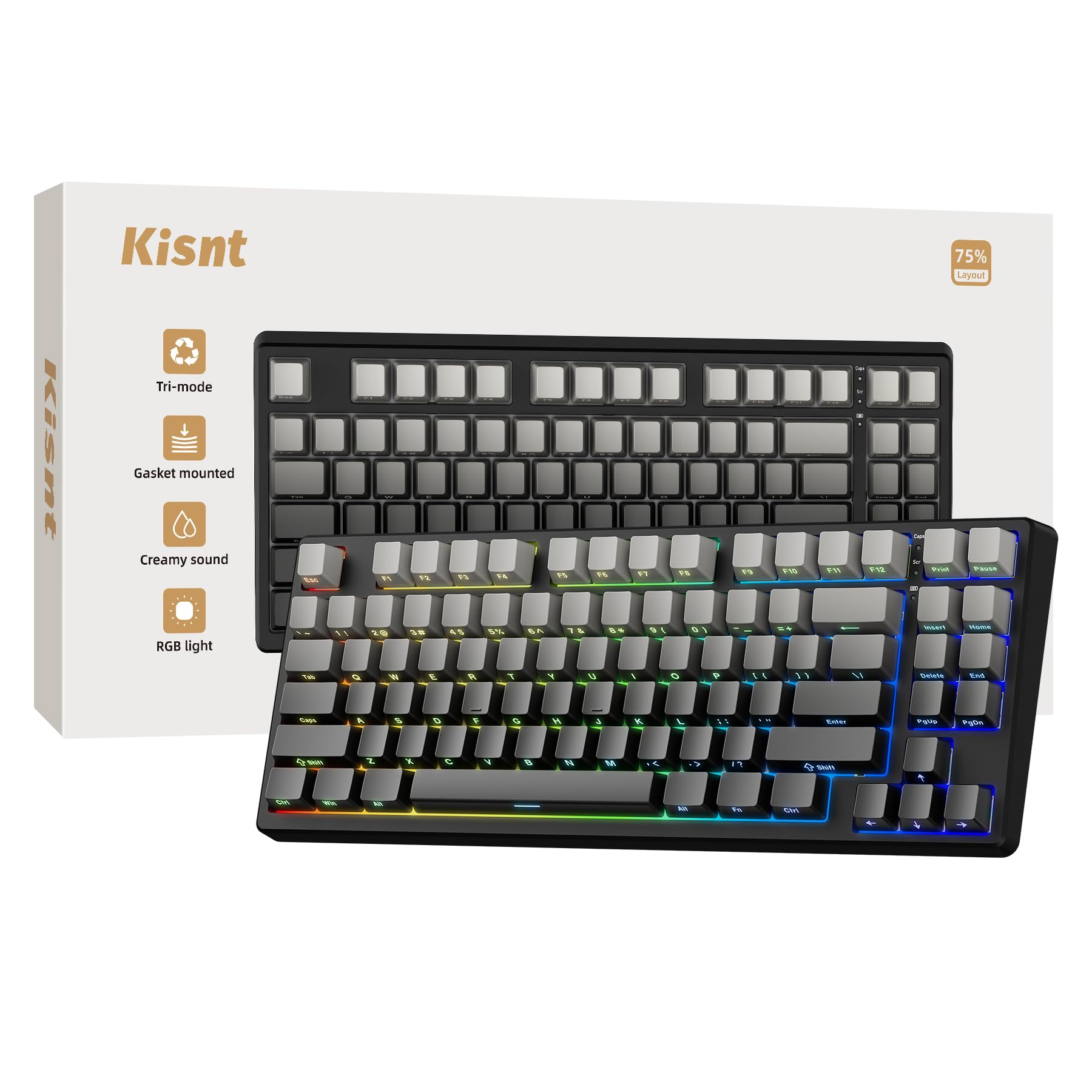 Wireless Mechanical Keyboard,Gasket Mounted Creamy Sound,Bluetooth/2.4GHz/USB-C,Side Printed PBT Keycaps with RGB Backlit, Hot Swappable,75% Compact Layout for Gaming/Typing/Win/Mac/PC(Gradient Gray) Image Wireless Mechanical Keyboard,Gasket Mounted Creamy Sound,Bluetooth/2.4GHz/USB-C,Side Printed PBT Keycaps with RGB Backlit, Hot Swappable,75% Compact Layout for Gaming/Typing/Win/Mac/PC(Gradient Gray) Image