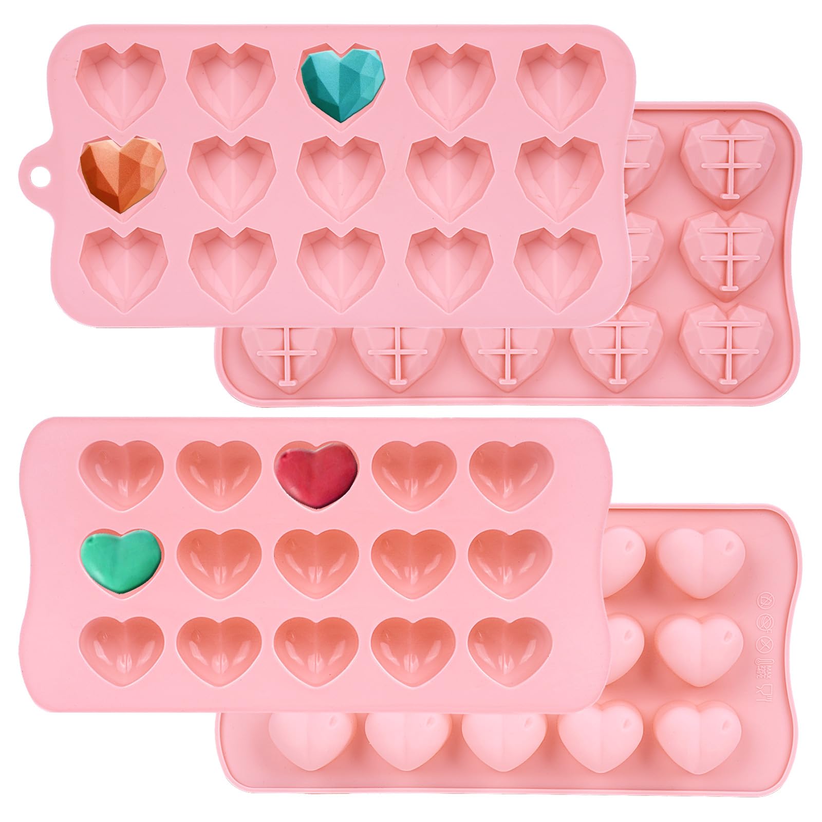 LFBEST 2 Pcs Heart Jelly Silicone Moulds, 15 Cavity Heart Shape Silicone Chocolate Moulds Ice Cube Tray Wax Melt Moulds,Non-Stick Silicone Mould for Handmade DIY Cake Chocolate Jelly Ice Cube