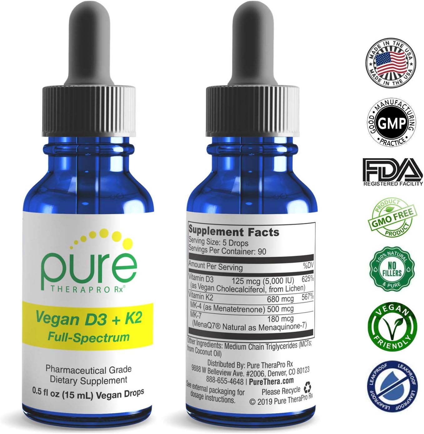 Vegan D3 + K2 "Full Spectrum" Drops for Best Absorption | 5 Drops Contain: 5,000iu VIT D3 "pureshine", 500mcg VIT K2 (MK4) & 180mcg VIT K2 (MK7) "MenaQ7" | Soy-Free, GF, Non-GMO, Tasteless & Odorless: Health & Personal Care