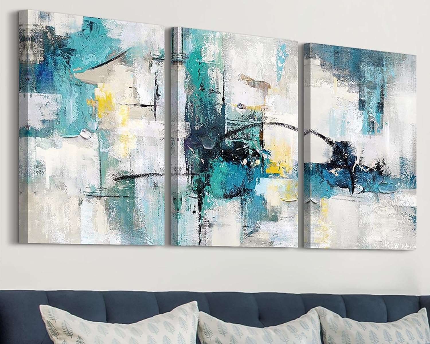 Paintings - RAMEER Living Room Decor Large Wall Art Artwork for Walls Canvas Pictures for Bedroom Wall Decor Abstract Grey Teal Aqua Blue Wall Paintings for Office Dining Room Wall Decorations 60x28in