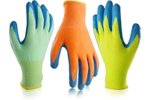 SECHAND Kids Gardening Gloves, 3 Pairs Non-Slip Garden Gloves for Toddlers, Preschoolers, Schoolchildren, Preteen, Childrens Rubber Coated Yard Work Gloves, Size 6 (Age 11-13)
