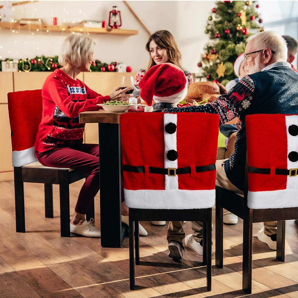 D-FantiX Santa Claus Suit Christmas Chair Covers with Belt Buckle Dining Room Chair Covers Holiday Christmas Decorations Red Set of 4: Home & Kitchen