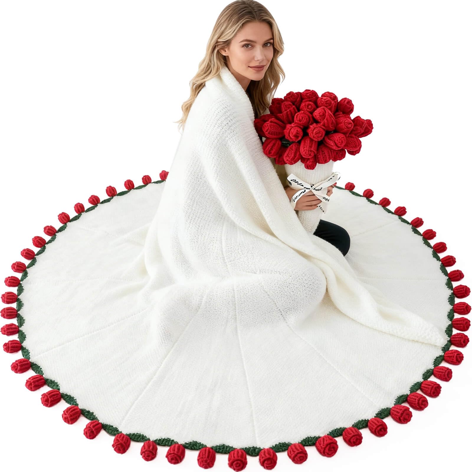 Acteb Finished Crochet Flower Bouquet Blanket Valentine Gifts, Handmade Knitted Rose Flower Throw Blankets, White Elephant Gift for Adults Teens Kids Funny Useful, 61 Inch Image