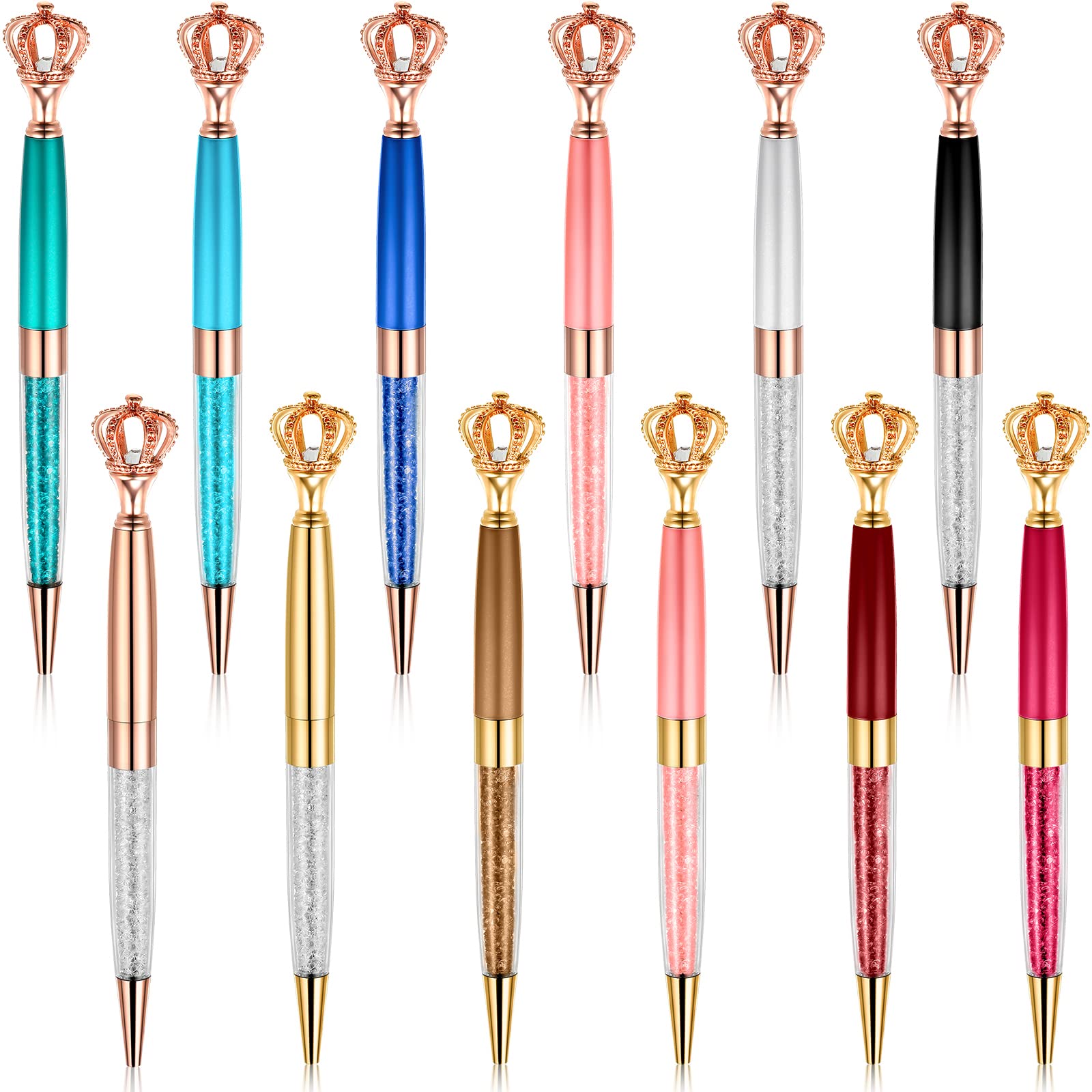 Photo 1 of 12 Pieces Crystal Diamond Crown Ballpoint Pens Bling Metal Rhinestones Writing Ink Diamond Multicolored Glitter Big Crystal Pen for School Office Supplies Christmas Wedding Birthday Present