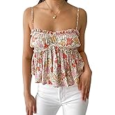Women Y2k Floral Babydoll Tank Top Spaghetti Strap V Neck Ruffle Peplum Cami Top Summer Going Out Camisoles