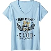 Womens Bad Moms Club Wine Provided Mom Skull Sunglasses mother day V-Neck T-Shirt