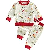 Baby Boy Valentine’s Day Outfits Waffle Long Sleeve Truck Heart Print Sweatshirt Jogger Pants Toddler Spring Clothes