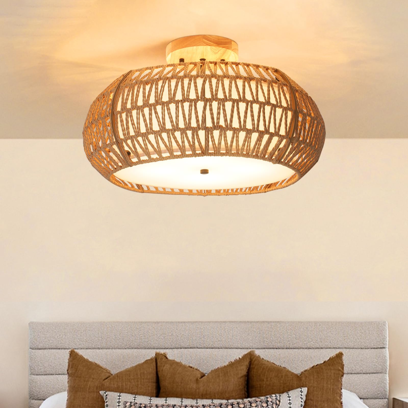 Photo 1 of 20” Rattan Ceiling Light Fixtures Flush Mount, 4-Light Hand-Woven Rattan Chandelier Bohemian Wicker Light Fixtures, Close to Ceiling Farmhouse Light Fixture for Bedroom Hallway Kitchen Dining Room