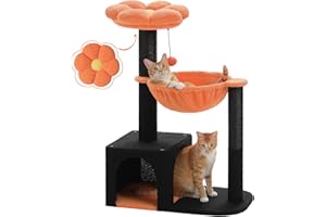 MUTTROS Halloween Cat Tree with Yellow Flower Perch - Black Scratching Posts, 35" Coffin Cat Tower with Large Hammock Cat Condo for Small Indoor Cats, Yellow Pumpkin Cat Bed for Kittens,Orange