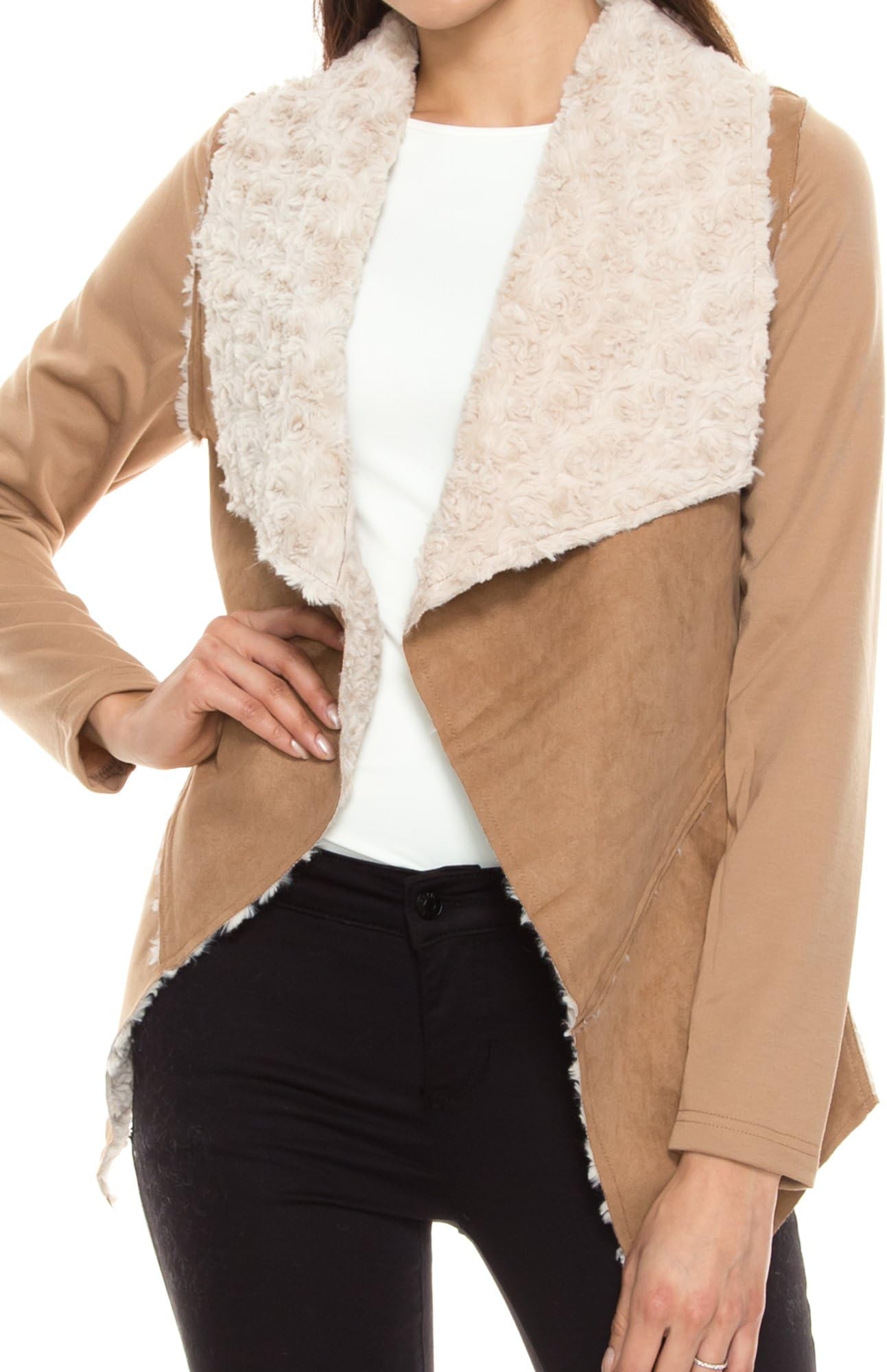 KAYLYN KAYDEN KLKD B005 Women's Long Sleeve Faux Fur Suede Shearling Jacket Camel Large