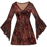 WDIRARA Women's Vintage Floral Print V Neck Dress Mesh Split Ruffle Long Bell Sleeve Dresses