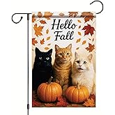 Starlit Patio Hello Fall Garden Flag Cat Pumpkin Flag 12x18 Inch Double-Sided Autumn Outdoor Banner with Three Cats Leaf Decor for Porch Lawn Pathway Cat Lover Halloween Thanksgiving