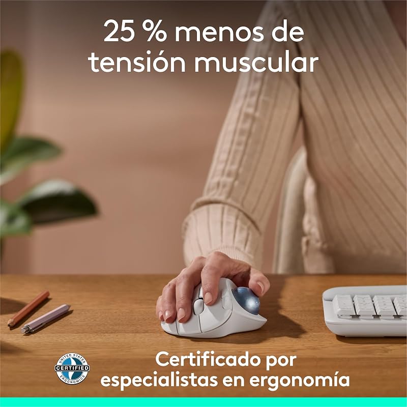Mouse trackball sem fio Logitech ERGO M575S, mouse sem fio ergonômico com Bluetooth e chave USB criptografada, controle de polegar confortável, rastreamento suave e preciso, para PC/Mac - Branco