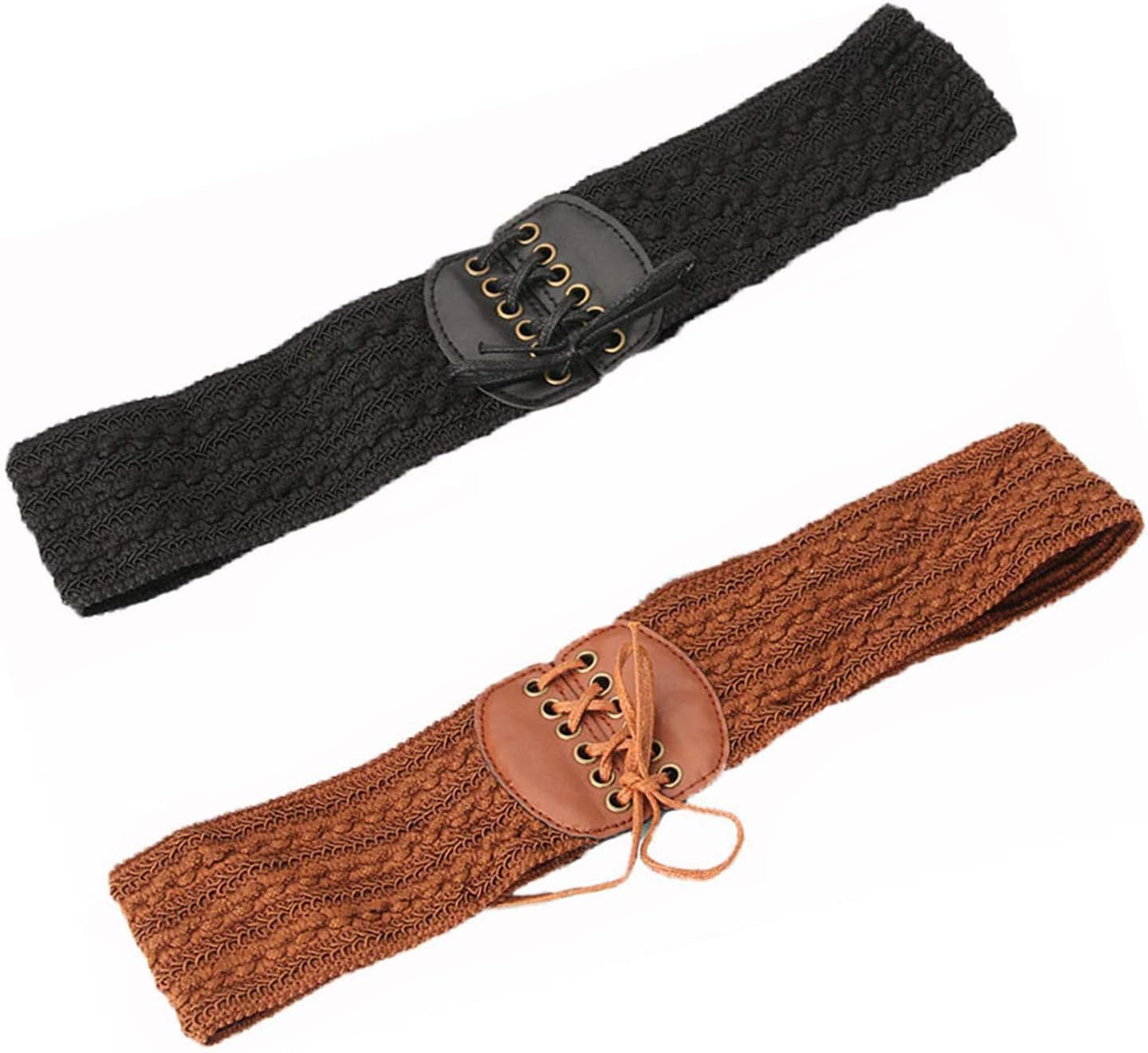 PPX 2 Pcs PU Leather Elastic Wide Belt for Women Ladies Dress Stretch Thick Waist Belts, Black and Brown