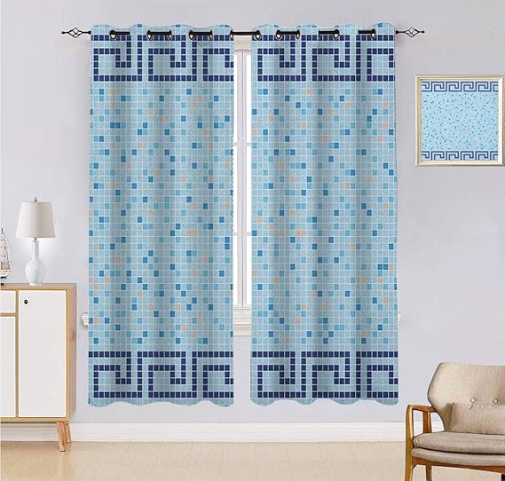Cortinas de color azul marino, diseño abstracto de mosaico con borde