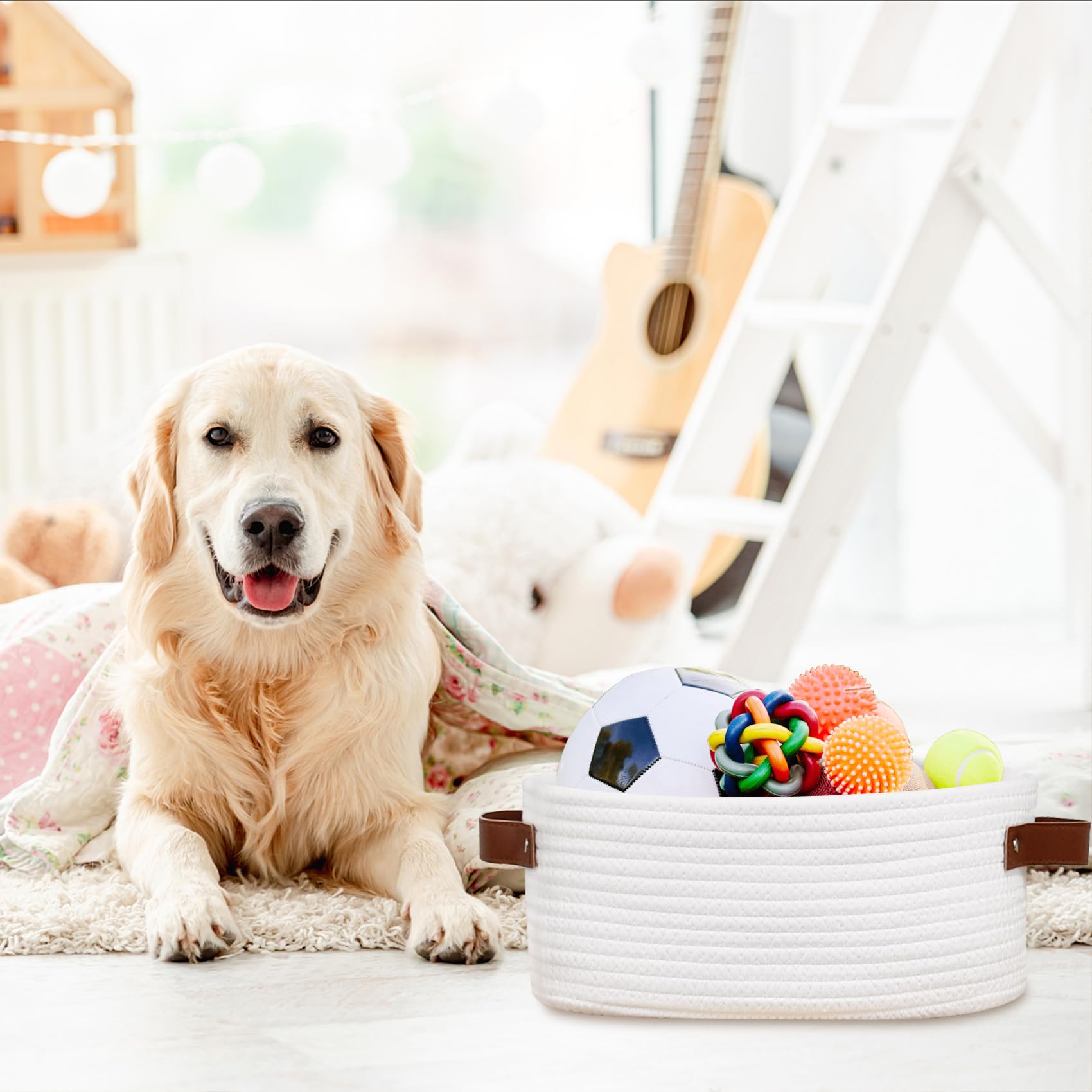 ABenkle Small White Basket with Handle, Soft Woven Storage Bins Baskets for Cat and Dog Toys Organizer, Decorative Shelves Closet Organizing Baskets Chest Box, Empty Gift Basket