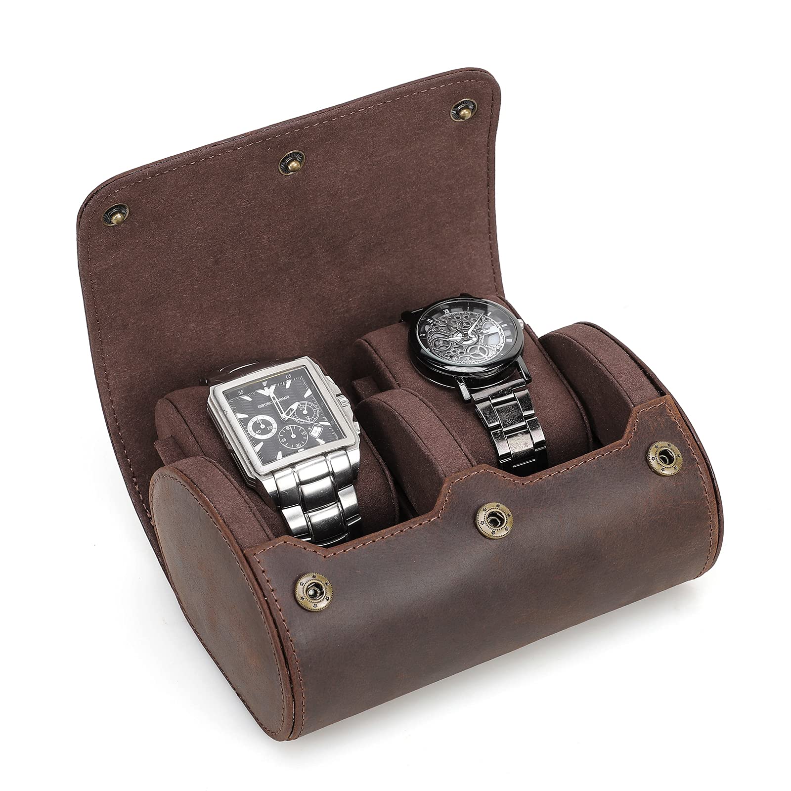 CONTACTS Genuine Leather Watch Case Roll Travel,Jewelry Watchse Storage Box and Cylindrical Watch Protector Sleeve Soft Bag (Coffee2, for 2 pieces watches)