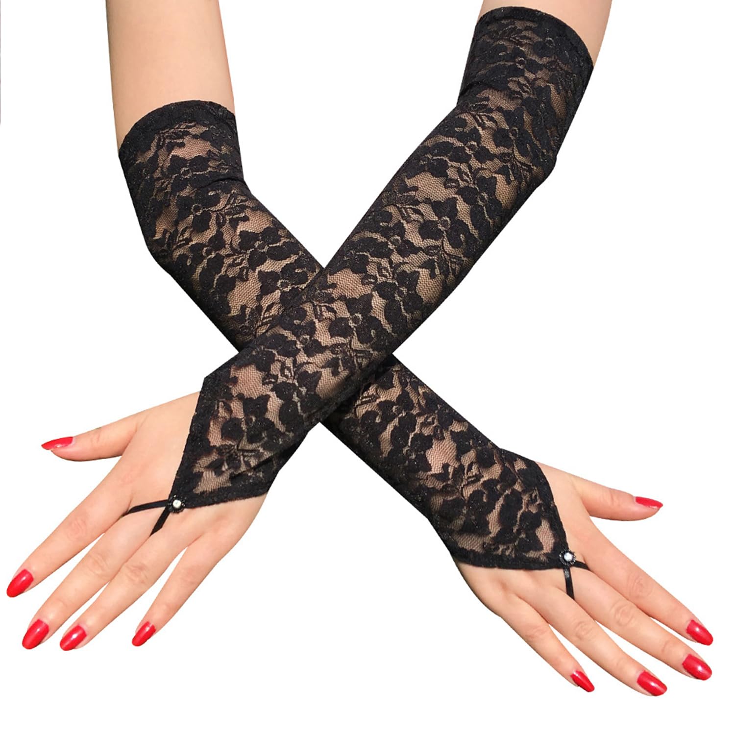 Sihaby Floral Lace Gloves for Women,Long Fingerless Arm Sleeves,Flapper Lace Gloves for Opera Evening Wedding Tea Party Prom Cosplay 1920s