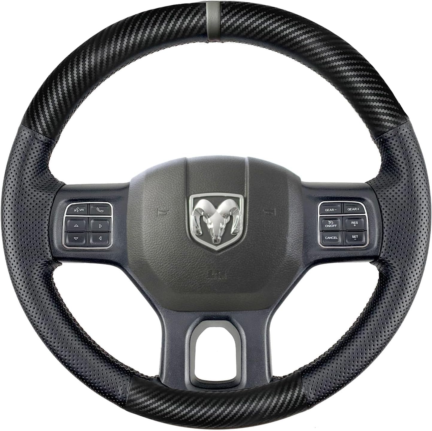 Photo 1 of Hand Stitch Steering Wheel Cover | Customized Fit for Dodge Ram 1500/2500/3500/4500/5500 2013-2019 Anti-Slip Breathable Carbon Fiber and Side Perforated Leather Heavy Duty -Gray Mark Strip