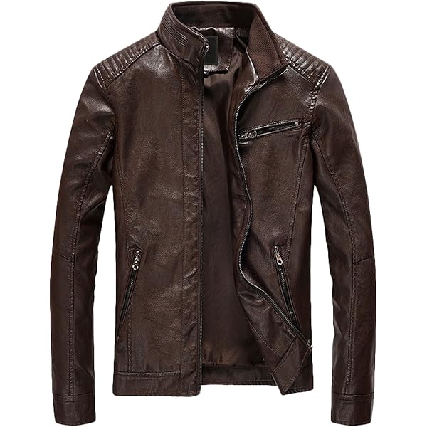 chouyatou Men's Vintage Stand Collar Pu Leather Jacket (Small